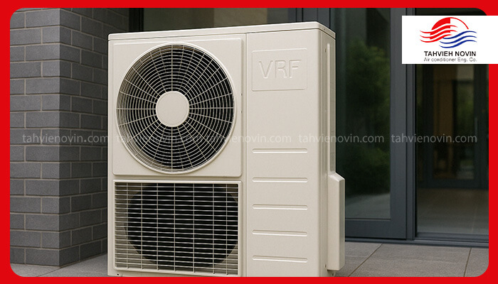نمای رو به رو سیستم VRF در جلو درب شیشه‌ای ساختمان