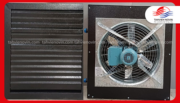 تصویر یونیت هیتر بخار با ظرفیت BTU/h 450000 شامل فن محوری و دمپرهای قابل تنظیم.